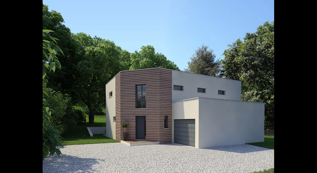 Maison contemporaine en vallée de Chevreuse : toiture terrasse, finition façades bardage bois et enduit