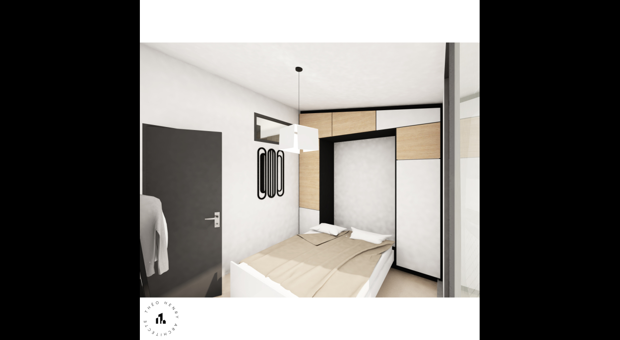 Chambre modulable pouvant servir pour recevoir des invités, avec un meuble sur mesure proposant de nombreux espaces de rangement et un lit escamotable discrètement dissimulé..
