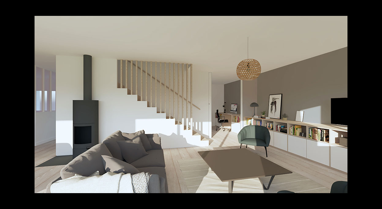 ouest atelier architecture projet polka betton ille et vilaine surelevation maison perspective projet sejour escalier