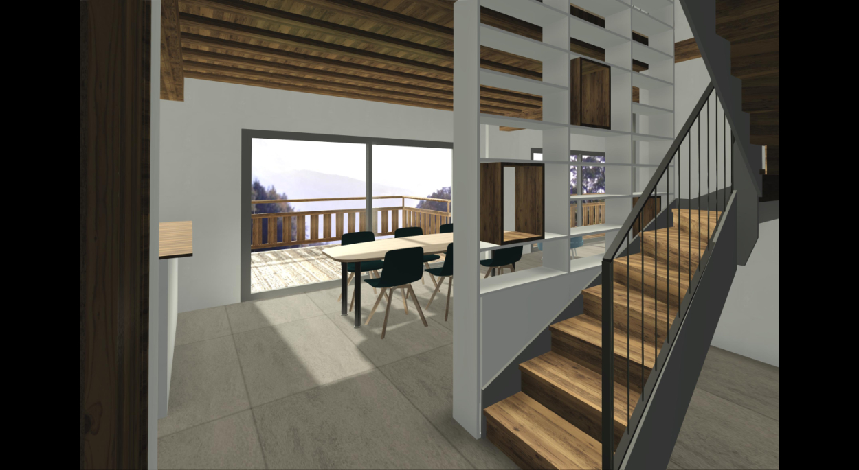 Création d'ouvertures sur une terrasse bois, aménagement intérieur autour d'un escalier bibliothèque
