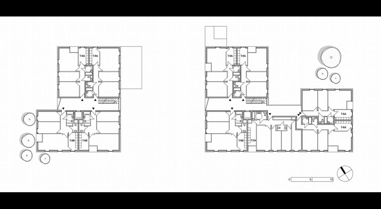 Les logement issus d'une même base typologique partagent la même logique : double-orientation, séjour d'angle, salles d'eau en profondeur, grande épaisseur du bâti, circulations communes généreuses.