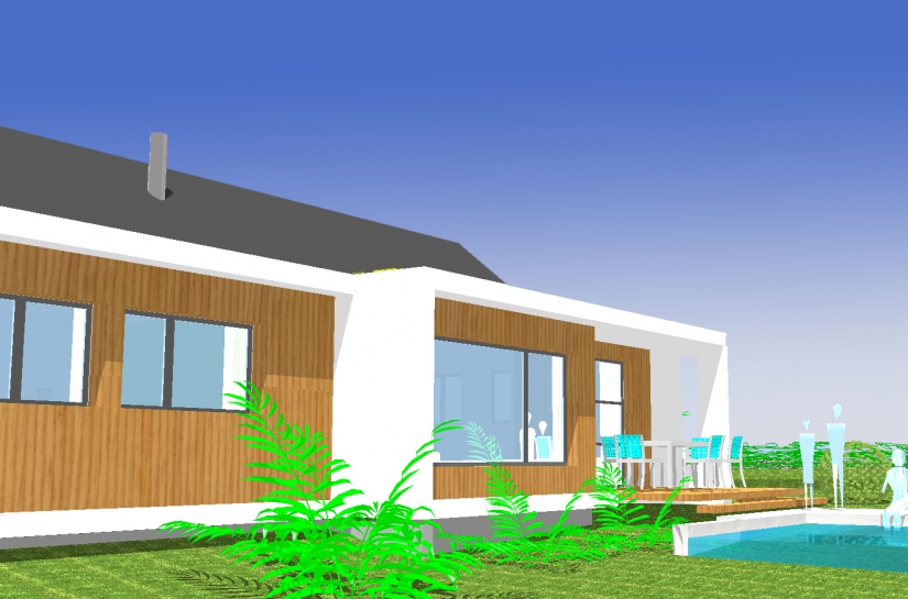 maison avec ossature bois et bardge en mélèze, toiture terrasse végétalisée, maçonnerie enduite