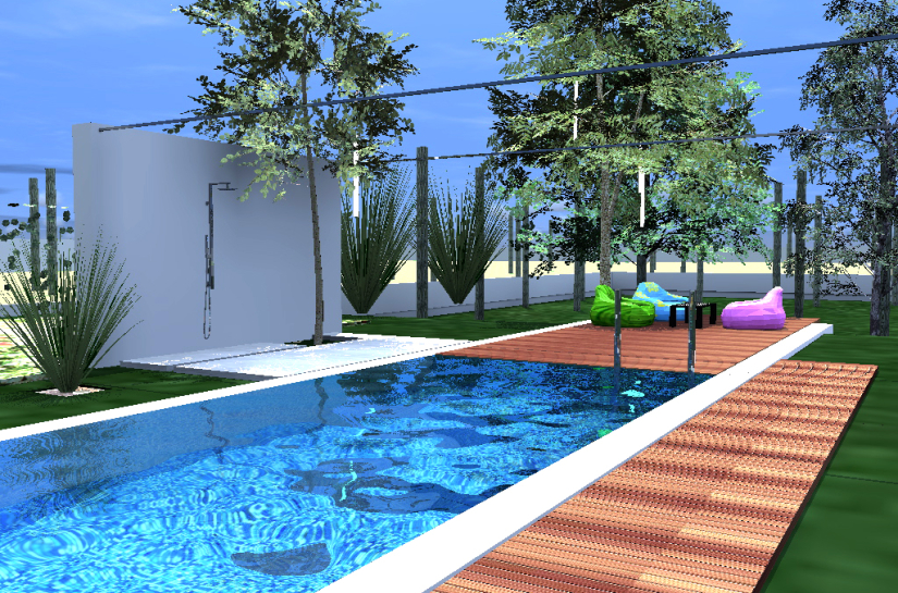 Construction d'une piscine (couloir de nage) avec cuisine d'été et traitement paysager du jardin. Projet par l'Atelier S architectures, architecte installé à Toulouse, quartier des Amidonniers.