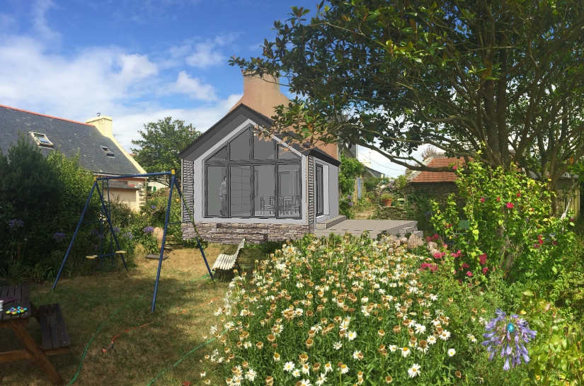 Extension à Groix: cabane contemporaine dans le jardin, belvédère vitré au milieu des fleurs...