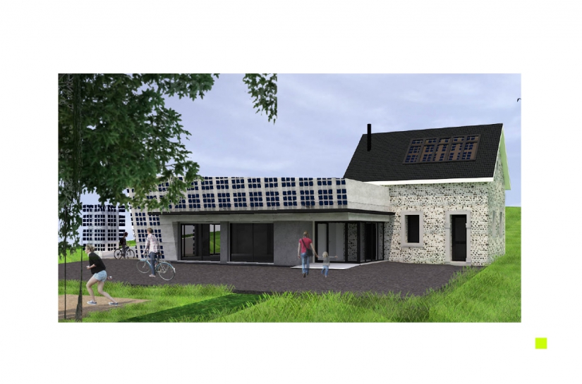 Projet mêlant construction traditionnelle (mur en galets et planchers bois) et architecture contemporaine (toiture végétalisée et isolation par l'extérieure) support de nouvelles technologie (panneaux solaire organiques).