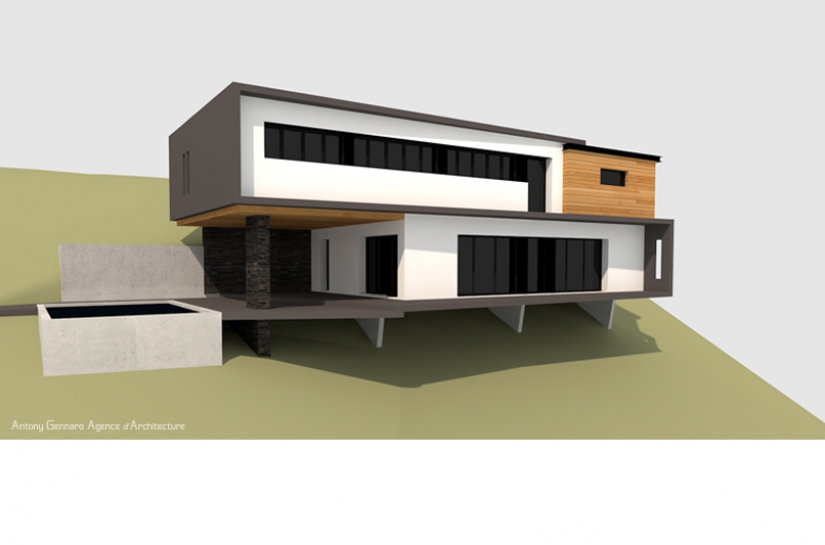 Maison dans la pente, structure bois/béton, toiture plate